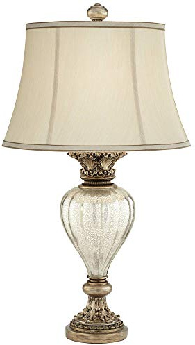 Franklin Iron Works Montebello 30 Tall Large Traditional End Table Lamp Antique Gold Finish Mercury Glass Single Off-White Shade Living Room Bedroom Bedside Nightstand House Office Home Reading