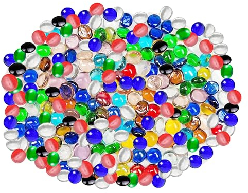 ARSUK – 180 Uds Guijarros de Vidrio Multicolor 955g Ø17–20mm – Piedras Planas Decorativas, Cuentas de Vidrio, Relleno de Jarrones, Centros de Mesa, Manualidades, Mosaico, Acuario y Decoración Hogar
