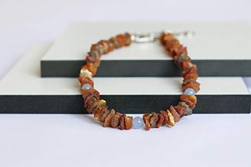 Bernsteinkette für Hunde aus Roh Baltischer Bernstein mit Blaue Jade verziert | Zeckenhalsband | Bernstein Gegen Zecken | Zecken und Flohschutz Halsband (25-30 cm)