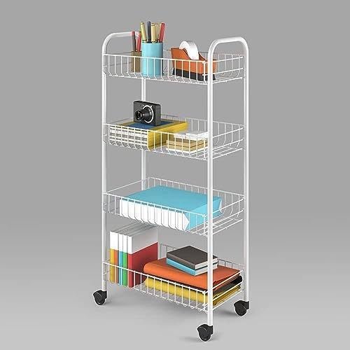 VR7 - 4 Tier Kitchen Storage Rack Trolley on Wheels – Metal Shelves Unit, Free Standing Fruit Basket, Vegetable Rack, Onion and Potato Storage, Kitchen & Bathroom Organizer, Drink Holder – White