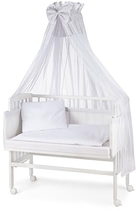 Waldin Baby Beistellbett mit Matratze und Stoffen, Höhen-verstellbar, Große Liegefläche 90x55cm, Weiß Lackiert, Weiß/Punkt Grau
