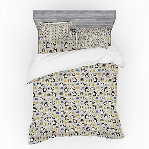 Ambesonne Woodland Duvet Cover Set, Hedgehog Skunk and The Beaver in The Forest Pines Mushrooms Leaf Theme, 3 Piece Bedding Set with Sham and Fitted Sheet, Queen Size, Multicolor