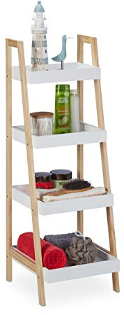 Relaxdays Badregal, 4 Fächer, Leiterregal für Badezimmer, MDF & Kiefernholz, offen, HBT: 98,5 x 34,5 x 36 cm, weiß/natur