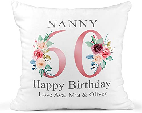 60th Birthday Gift for Women, Personalised Cushion/Pillow with Kids Names and Floral Design, Birthday Gift for Mum, Birthday Gift For Nanny/Grandma, 1961