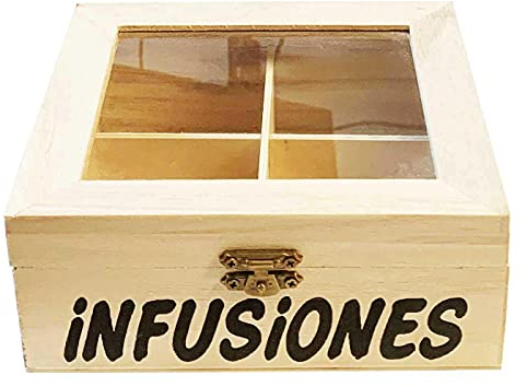 Acan Caja de Madera infusiones con 4 Compartimentos 6.4 x 15.8 x 14 cm. Caja, Cofre para Decorar con Tapa, almacenaje té, café