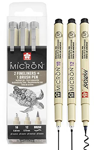 Sakura Pigma Micron Set med 3 pennor med fin spets, 10/12/pensel, svart bläck