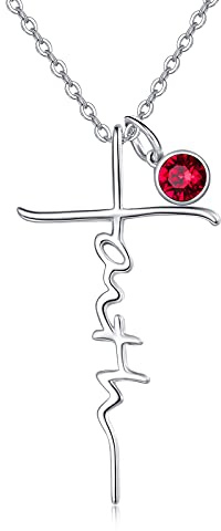 TANGPOET Glaube Kreuz Kette 925 Sterling Silber Birthstone Halskette Christian Anhänger Geschenke Schmuck für Frauen Mädchen Damen, Januar