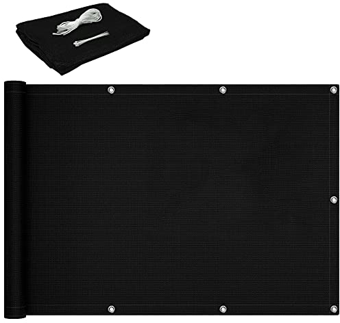 Balkon Sichtschutz 0.9x10m Balkonverkleidung UV-Schutz Sonnenschutz mit Ösen, Nylon Kabelbinder und Kordel für Draußen Patio Garten, Schwarz