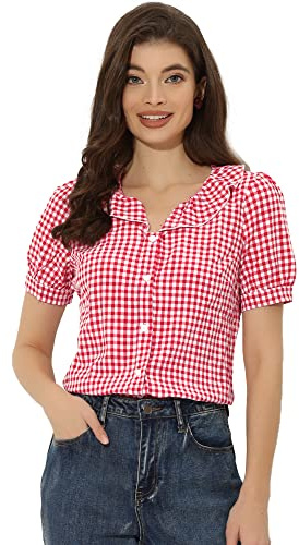 Allegra K Damen Gingham Plaid Shirts Plaid Top für Frauen Rüschen Kragen Bluse Kurzarm Kariert Hemd Tops, rot, 34