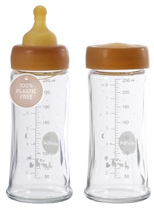 HEVEA Bottiglie per bambini a collo largo, in vetro, a flusso lento, anti-colico, per neonati, 3-24 mesi, senza BPA, confezione da 250 ml