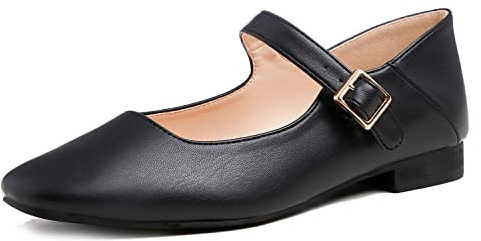 Feversole Women's Square Toe Mary Jane Fashion，Punta Quadrata Easy Buckle Tacco Basso Slip On Flats in Pelle Vegana Nera Taglie 37 EU