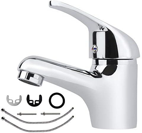 Basin Taps Mixers Bathroom Sink Tap Chrome with UK Standard Hoses Stainless Steel Single Lever Hot and Cold Mixer Modern Small Basin Taps with Standard Hoses for Bathroom, Cloakroom, Washroom