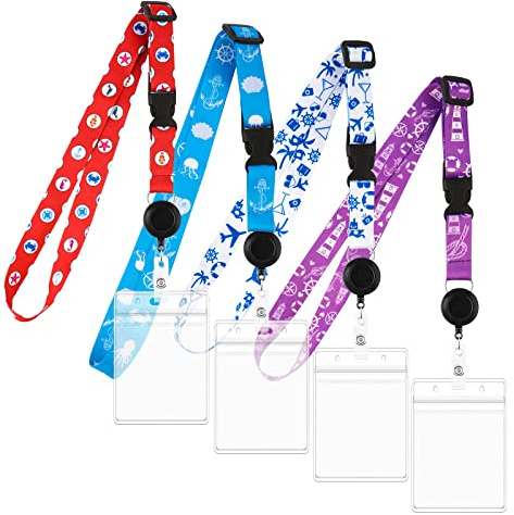 Gepäckanhänger für Kreuzfahrten, 4er-Pack Verstellbar Kartenhalter Ausweis Wasserdichtes Kreuzfahrt-Lanyard mit ID-Abzeichen für Kreuzfahrt-Essentials Must-Have-Zubehör (4 Farben)