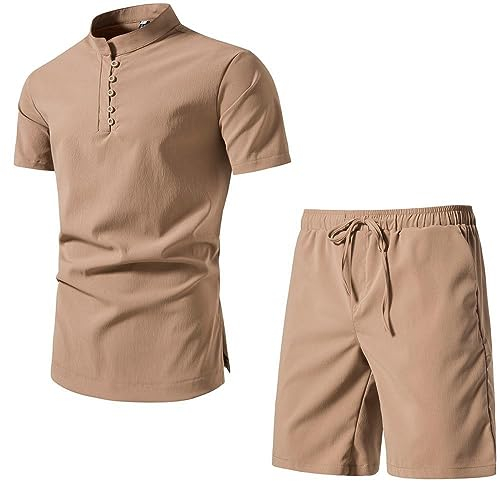Casual Shirt Herren Set Herren 2 Stück Kurz Set Outdoor Casual Strand Shirt Leichte Stehkragen Shirts Shorts Slim Fit Einfarbig Set Sommer Shirt Männer A-Khaki XXL