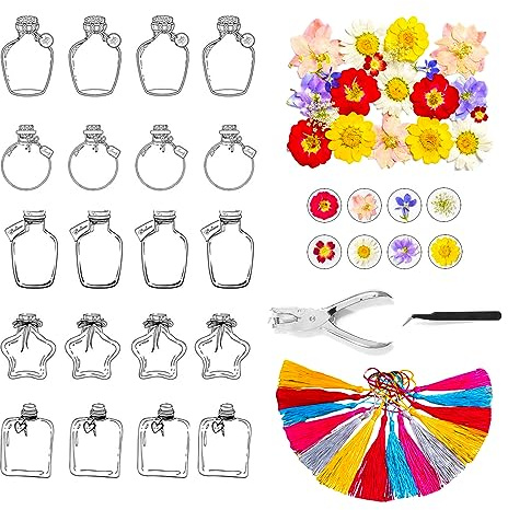 bainuote 20 Stück Lesezeichen Kinder DIY Transparente Lesezeichen mit getrocknete Blumen, Locher, Pinzette und Anhängerzubehör Personalisiert Trockenblumen Aufkleber-Set - D