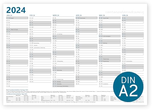 Jahresplaner 2024 Wandkalender | DIN A2 oder DIN A3 Querformat | gefaltet | 12 Monate Jahreskalender Vorder- und Rückseite mit Ferien und Feiertage (DIN A2)
