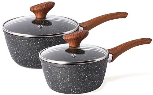 Nuovva Set de Casseroles à Induction avec Couvercle – Casserole Antiadhésive pour Induction – Set de 2 Casseroles en Marbre – 16 cm, 18 cm – Par Nuovva.