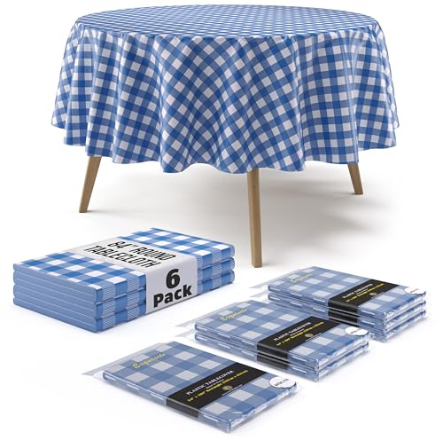 Exquisite Picnic Table Cover - 6 Pack Premium Round Plastic Tablecloth - Dark Blue & White Checkered BBQ Table Cover - Gingham Checkered Disposable Plastic Tablecloth 84 inch. Round