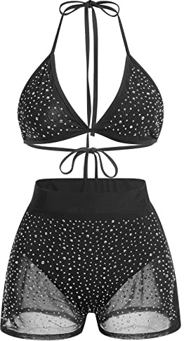 Women's Sparkle Rhinestone Mesh Bikini sets Halter Bra Top High Waist Shorts Bottom 2 Piece Cover up Festival Holiday Rave Outfits set