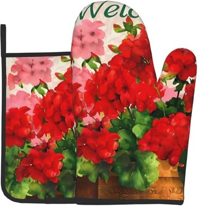 YYHHAOFA Ensemble de gants de cuisine et maniques Red Géraniums : épais et durable, anti-brûlure et isolant thermique