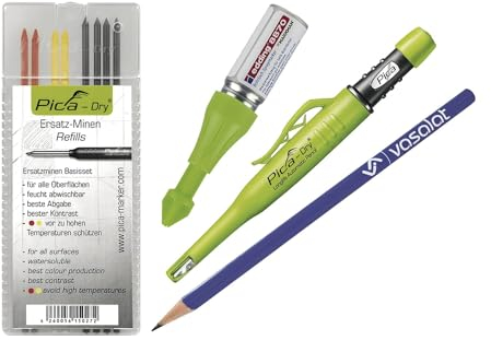 Tieflochmarker Spray grün - Bohrlochmarker für deutlich sichtbare Markierungen, bis zu 250 Bohrlöcher + Pica Dry mit 8 Ersatzminen rot/gelb/graphit