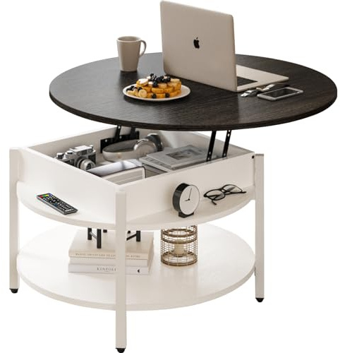 FABATO Round Lift Top Coffee Table with Storage and Hidden Compartment, 26.77'' Farmhouse Coffee Table for Living Room Reception Room, 2 Tier Small Round Coffee Table Circle Dining Table, White
