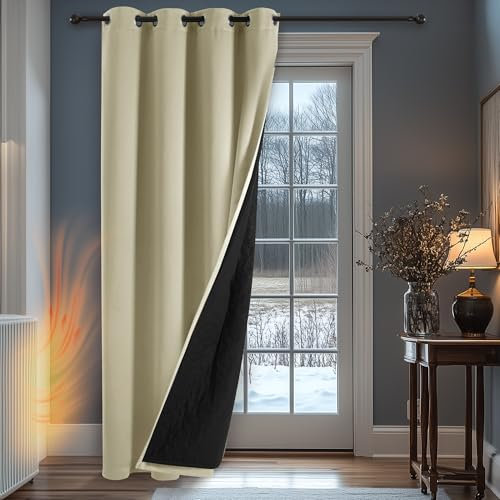 Deconovo Windproof Blackout Curtain Eyelet, Double Layers Door Curtain with Thick Microfiber Quilted Lining for Winter, Energy Saving Thermal Curtain for Bedroom, 52 x 63 Inch, Beige, 1 Panel