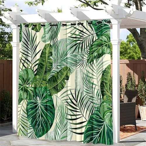 Hiseng Tende da Esterno con Anelli per Gazebo e Balcone, 1 Pezzi Tende Impermeabili con Stampa Foglie di Banano Verde 3D, Tende Modern Protezione Solare e Privacy (180x213cm,Piante Tropicali 7)