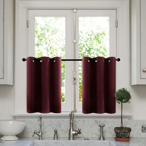 Lirzxin Küchengardine, Bistrogardine Blickdicht Küchenvorhänge mit Ösen Doppelseitig Einfarbig Polyester Küchengardinen für Esszimmer Badezimmer Klein Fenster, 63.5x61CM, Dunkel Rot, 2er Set