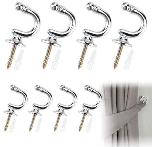 4PCS Curtain Tie Back Hooks Silver with Expansion Tubes U-Shaped Holdbacks | Metal Wall Mounted Chrome Decorative Hold Backs for Curtains, Drapery Curtain Tieback Hooks Keys, Clothes and Coat Hanger
