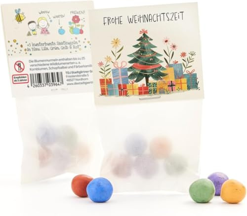 10 x Blumenmurmeln Frohe Weihnachtszeit | Kleines Geschenk & nachhaltiges Mitgebsel zu Weihnachten | Saatbomben für Kollegen, Gäste & Kinder | Kleinigkeit zum Advent, Kalender-Füllung oder Nikolaus