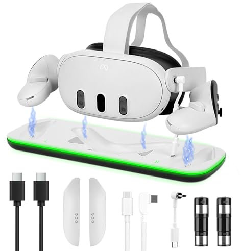 Helmsyde VR Charging Dock for Meta Quest 3S/Quest 3, Fast Charging Station with LED Indicator, Magnetic Charging Dock Station for VR Headset & Controllers, with 2 Rechargeable Batteries