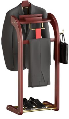 ACLFF Wooden Clothes Valet with Tie Holder, Suit Rack for Men and Women, Clothes Stand Floor Standing with Tray, for Office Living Room Bed Room, Load Capacity 50kg, 40x35x114cm