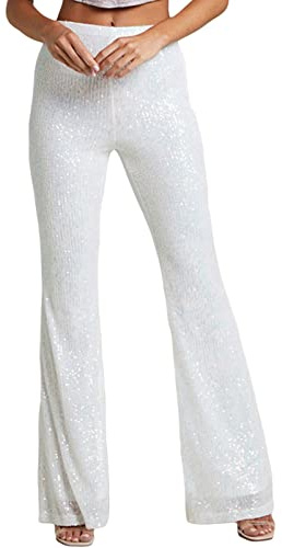 Yassiglia Damen Glitzer-Paillettenhose, Y2K, glitzernd, schmal, hohe Taille, elastisch, ausgestellte Hose, Glitzer-Leggings für Party, Clubwear