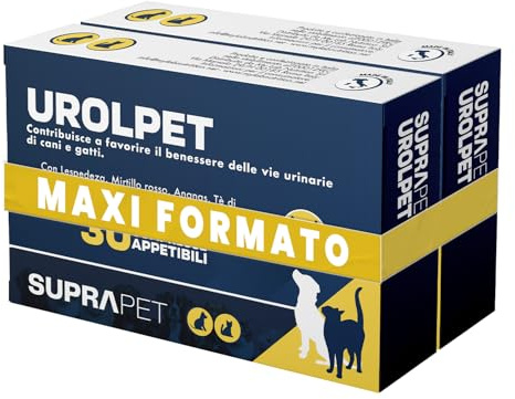 Suprapet Urolpet Cani e Gatti Cistite e Vie Urinarie 60 compresse - Fino a 2 Mesi di Fornitura - per Prostata con Lespedeza, Mirtillo Rosso, Ananas, tè di Giava