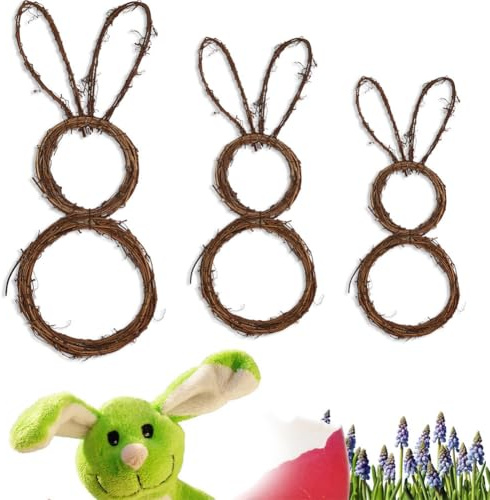 JOYWU 3 Pcs Bunny Shaped Grapevine Wreaths,20/21/24 in DIY Easter Bunny Wreaths,Collapsible Rabbit Shaped Vine Branch Wreath,Animal Shaped Wreath Frame,Bunny Rattan Wreath Rings,DIY Crafts Supplies