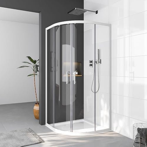 WDWRITTI Duschkabine Runddusche 90x90cm Schiebetür Rund Eckeinstieg Duschabtrennung, Weiß Dusche mit Doppel Schiebetür Duschschiebetür mit 6mm ESG Glas, Viertelkreis Halbkreis Radius 55cm