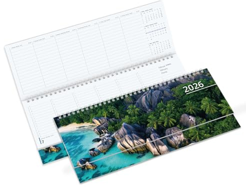 Timr Calendario da Tavolo 2026 orizzontale - Calendario settimanale formato orizzontale - Calendario da tavolo orizzontale 1 settimana su 2 pagine DE - GB - FR | Calendario motivo Caraibi | tr363