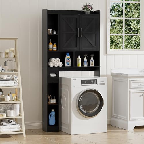BonVache Waschmaschinenschrank mit 2 Türen, Verstellbare Ablagen, Waschmaschinenregal mit Seitenfach für Papierhandtuch und 6 offene Fächer, für Badezimmer, Toilette und Waschküche, Schwarz