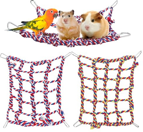 Lucxhcky Ratten-Seile für Käfig, Rattenkäfig-Zubehör, Vogelseilnetz, Klettern, Haustierhängematte für Hamster, Vögel, Rot und Farbe, 2 Stück