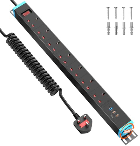 Sewingvr 7-Way Extension Lead with Surge Protection & USB (2× USB-C PD 20W, 1× USB-A), Wall Mountable PDU Power Strip with 360° Rotating Sockets, 1.5m Spiral Cable, for Home Office or Workshop