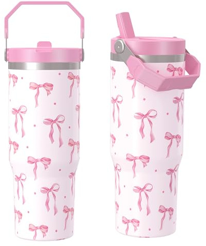 cahduenx 30 oz Bow Tumbler with Straw Handle, Birthday Christmas Gifts for Women, Leak Proof Stainless Steel Insulated Water Bottle Coffee Cups for Home Office Travel