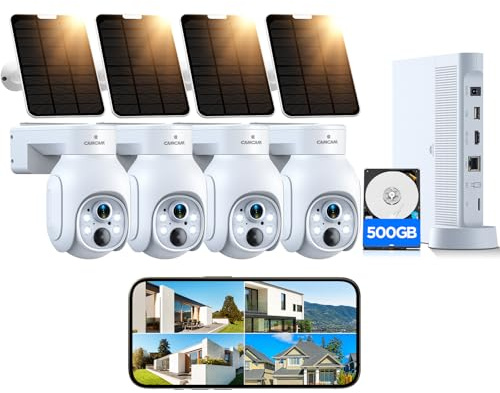 2K Überwachungskamera Aussen Akku Solar, 4MP Kabellose 5G & 2.4G WLAN-Sicherheitskamera Außen, 355° Pan-Tilt, 10-Kanal NVR mit 500GB HDD, Farbe Nachtsicht, 2 Wege Audio, Keine Monatsgebühren, 4 STK