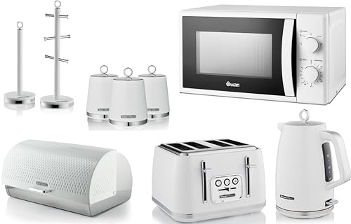 Swan Elegance White 1.7L Kettle, 4 Slice Toaster, Breadbin, 3 Canisters, Mug Tree, Kitchen Roll Holder & 700W 20L Microwave SM4420WHT. Contemporary Matching Kitchen Set of 9 Textured White Finish