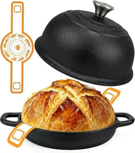 Dutch Oven For Bread Baking,24cm/4.7L Cast Iron Dutch Oven, Non-Stick Cast Iron Pan with Lid, Dutch Ovens with Silicone Sling,Casserole Pot for Bread Baking, Roasting, Braising & Frying (Black)