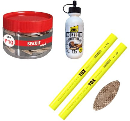 TOX Set con galletas madera Biscuit Wood P10 de haya (60 uds), 2 lápices carpintero neón amarillo, 1 cola madera, kit uniones estables para madera, 015909006