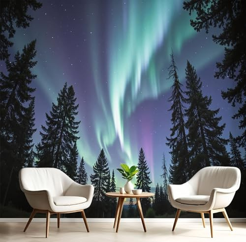 Carta Da Parati Effetto 3D Cielo Notturno Aurora Boreale 400×280cm, Fotomurali Non Tessuto XXL, Decorazione Poster Arte Murale Naturalmente La Pineta per Casa Ufficio Camera Letto Soggiorno