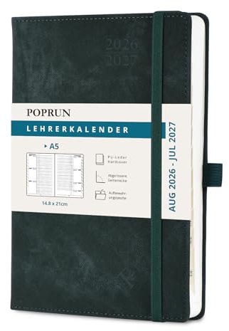 POPRUN Lehrerkalender 2026 2027 Hardcover ca.A5(21 x 14,8cm) auf Deutsch | Lehrerplaner für Lehrerinnen und Lehrer,mit Monatliches Register,Schulplaner mit PU-Leder,für die Unterricht(Tiefgrün)