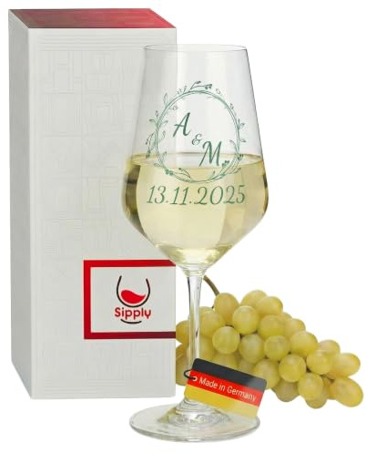 Sipply Verre à vin de mariage personnalisé avec initiales et date 530 ml Cadeaux pour mariage, fiançailles, anniversaire de mariage pour couple de mariés, fiancées, femmes, petite amie, amateurs de