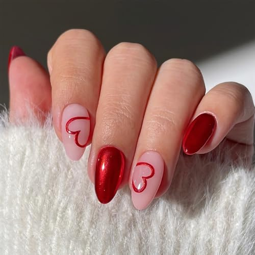Dermalyx 24 Pièces Ongles Pressés Pour La Saint-Valentin, Rouge Nacré Avec Motif Coeur Pailleté, Faux Ongles À Coller, Ongles En Gel Souple, Ongles Artificiels